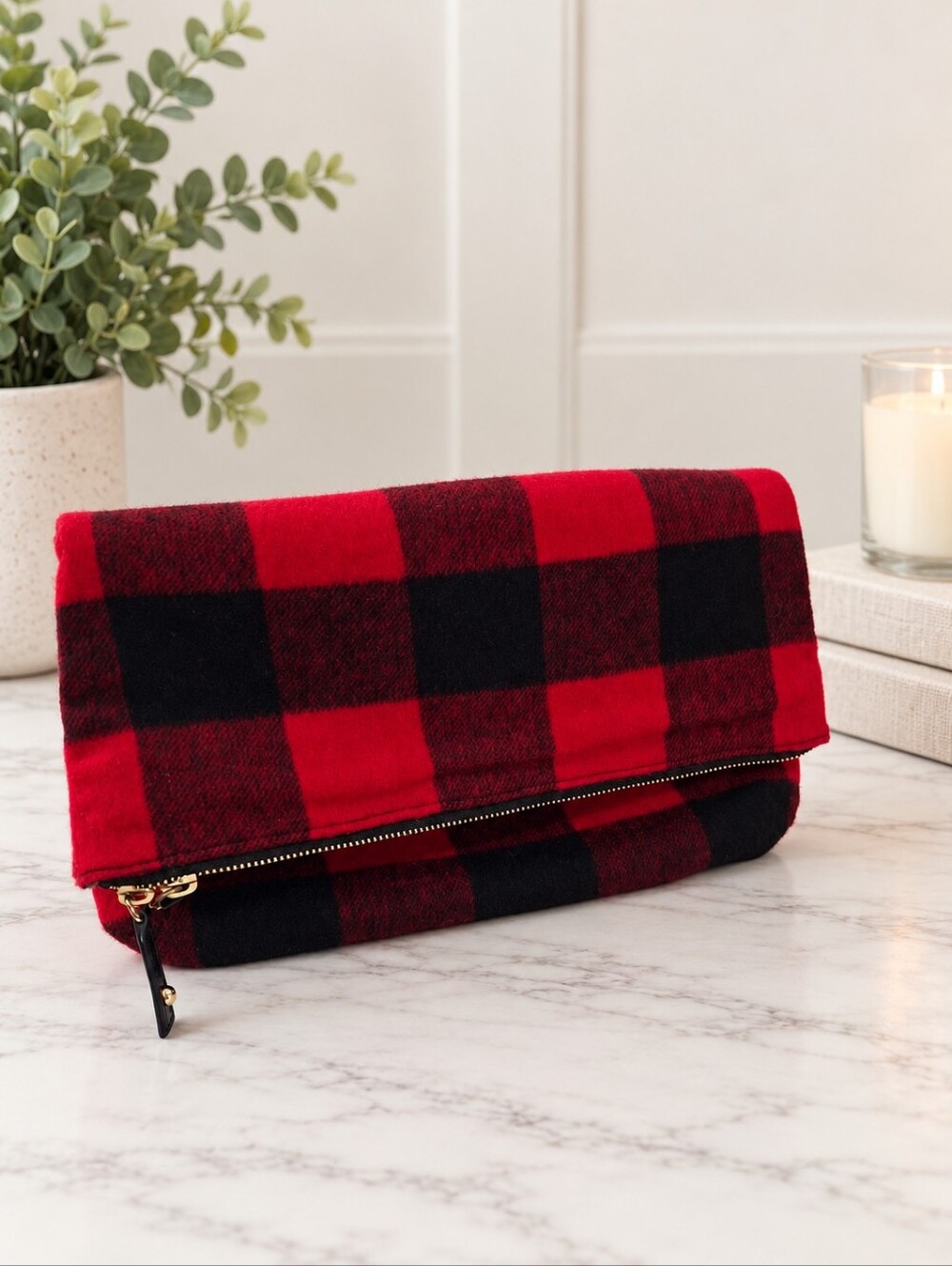 Buffalo Plaid Wool Blend Foldover Clutch Red Black Talbots EUC